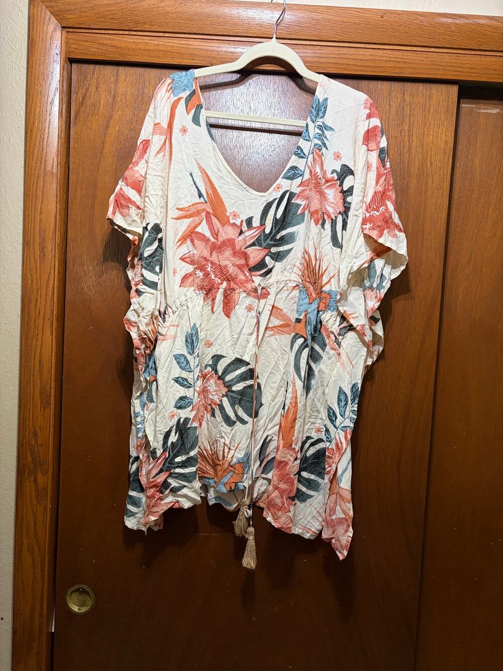 Z&L Tropical Floral Kimono Cover Up Tassel Shell Accent Boho Size Large